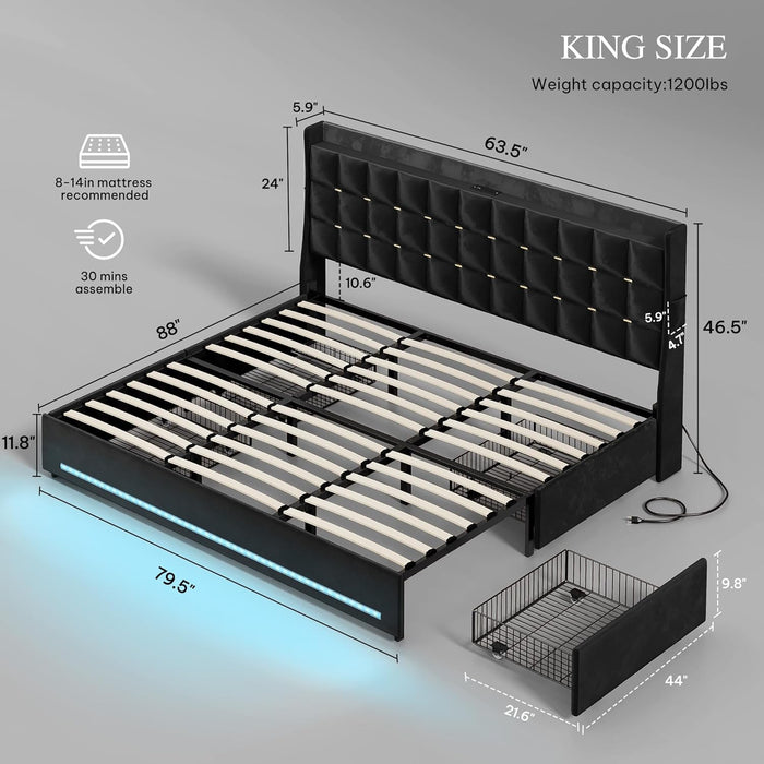 King Size Bed Frame with 4 Drawers and RGB LED Lights, Velvet Upholstered Platform Bed with Charging Station and Storage Headboard, No Box Spring Needed, Easy Assembly, Noise-Free, Black