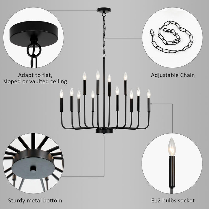 Black Chandeliers for Dining Room Light Fixture over Table, Modern Farmhouse Chandeliers for Living Room,12-Lights Industrial Metal Candle Lighting Fixtures for Entryway Kitchen Island Foyer