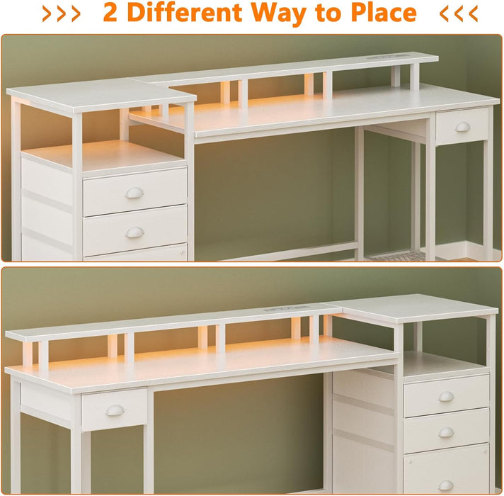 White Computer Desk with 4 Drawers, 60" Long Office Desk with Fabric File Cabinet and Power Outlets, Gaming Desk with LED Lights, Study Writing Work Desk with Shelf for Home Office