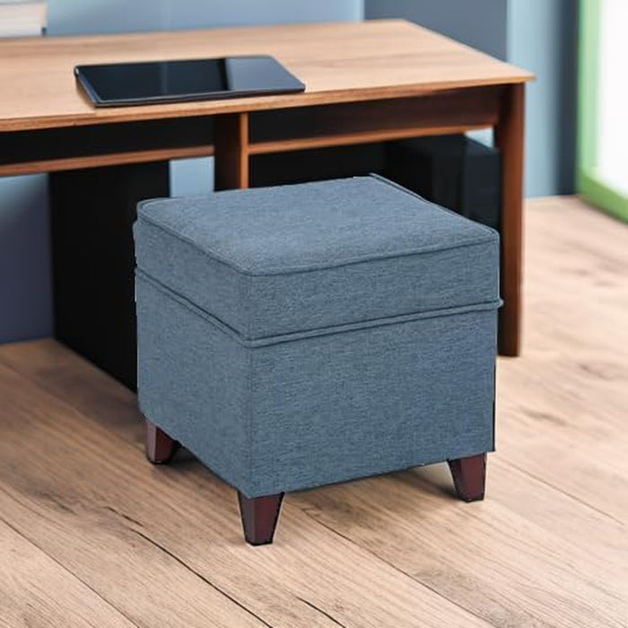 17" Square Ottoman with Storage, Small Blue Storage Ottoman Foot Rest with Hinged Lid & Solid Wood Legs, Linen Fabric Foot Stool for Living Room & Bedroom, Seasonal Home Refresh & Gifting