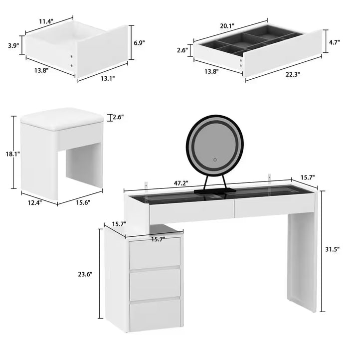 White Wood Makeup Vanity Sets Wood Dressing Desk with 5-Drawers, See-Through Glass Top Table, LED Light Mirror and Stool