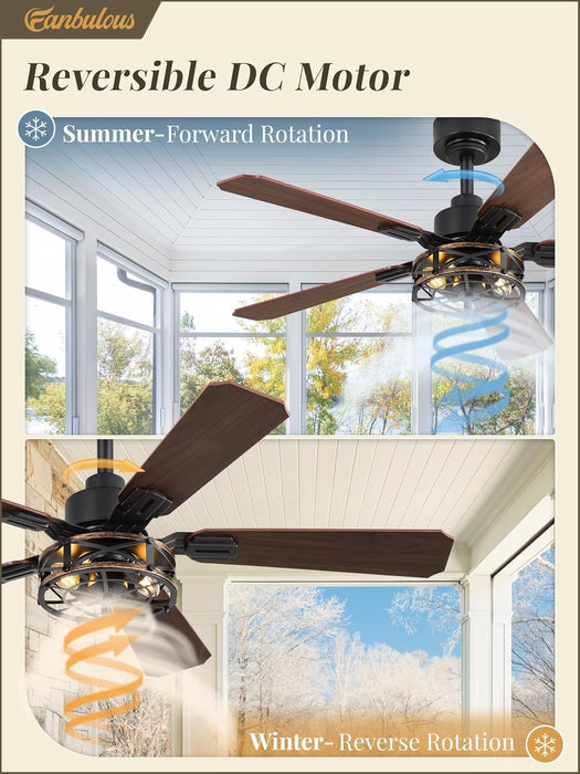2 Pack 42 Inch Rustic Caged Ceiling Fan with Lights, Black Farmhouse Ceiling Fans for Bedroom Living Room, Double-Sided 5 Blades Rustic Ceiling Fan