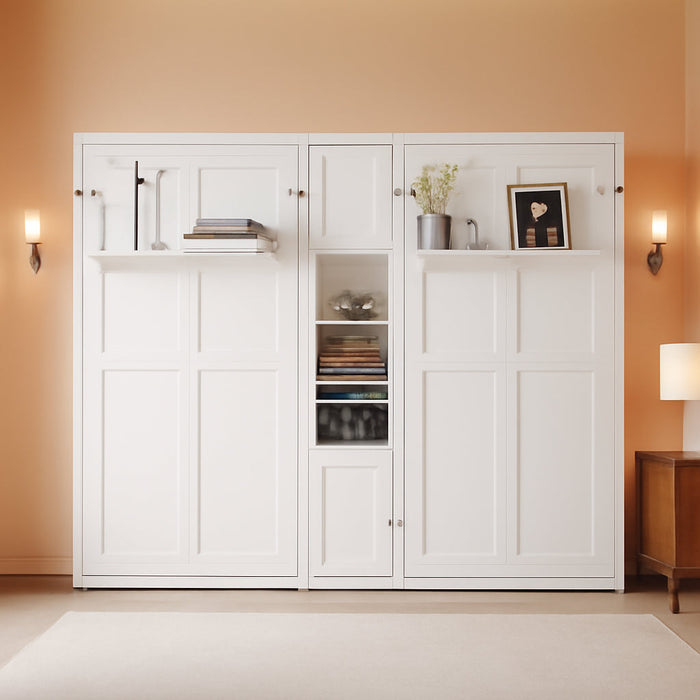 Dual Twin Size Murphy Bed, Twin Wall Beds with Cabinets and Shelves, White
