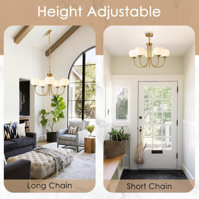 Goldtone Finish Five Lighting Milk Glass Chandelier