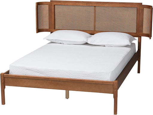 Eridian Walnut Brown Finished Wood and Natural Rattan Full Size Platform Bed
