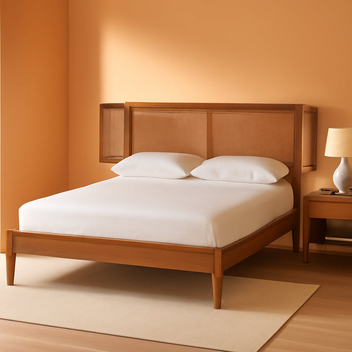 Eridian Walnut Brown Finished Wood and Natural Rattan Full Size Platform Bed