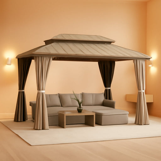 8x12 Foot Champagne Aluminum Gazebo Featuring Curtains