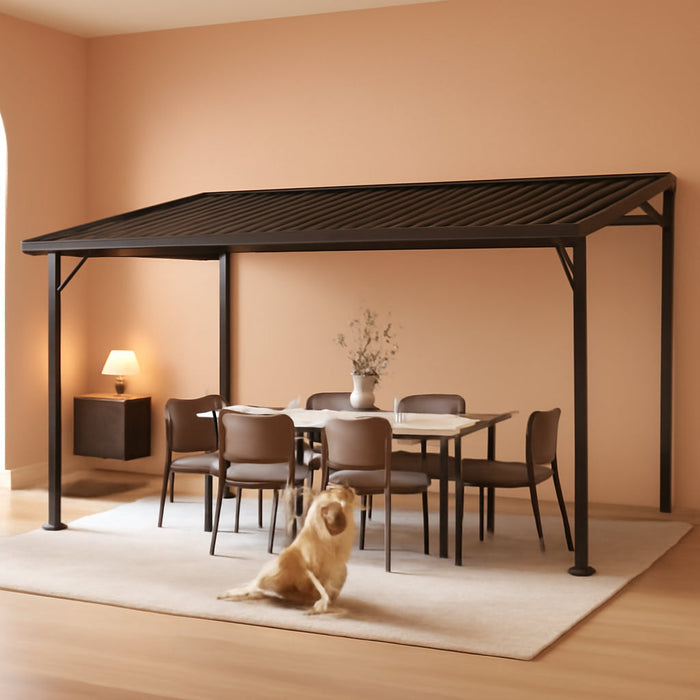 12X20Ft Lean to Gazebo, Outdoor Hardtop Wall Mounted Gazebo with Gutter & Sloping Galvanized Steel Roof, Metal Hard Top Awnings for Deck, Porch, Backyard -Brown