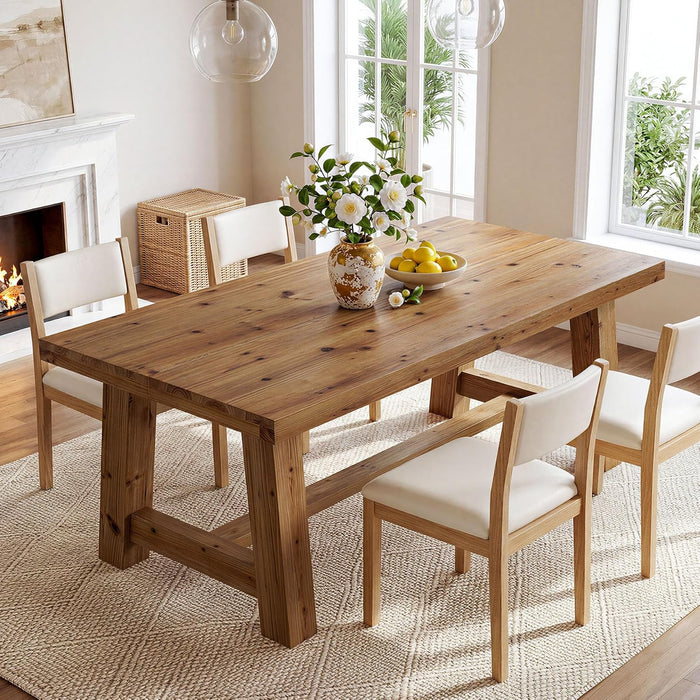 63-Inch Solid Wood Dining Table, Farmhouse Kitchen Table for 4-6 People, Rectangular Wooden Dinner Table with Thick Top & Trestle Base,Natural Wood