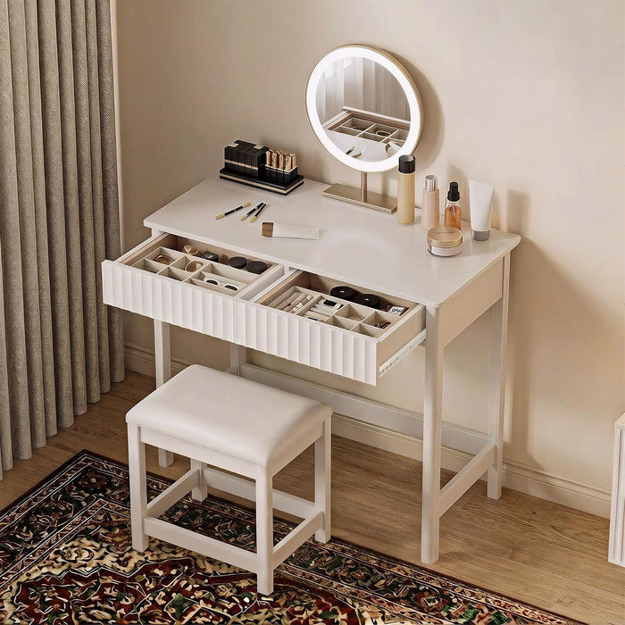 40 Inch Modern Desk with Drawers, Makeup Vanity Desk with Padded Stool, Small Home Office Desk for Bedroom, White