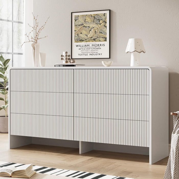 55" Wide Modern Curved 6 Drawer Dresser，White