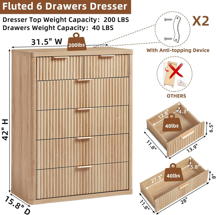 Fluted 6 Drawers Dresser for Bedroom, 42" Tall Modern Chest of Drawers with Metal Handle, Curved Profile Design,Natural Wood Drawer Organizer for Bedroom, Living Room, Hallway, Entryway