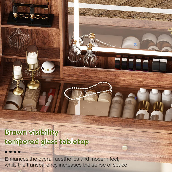 43" Makeup Vanity Desk with Mirror and Lights, & Power Outl, Glass Top Big Vanity Table with 9 Drawers& 8 Storage Shelves, Dressing Table Set with Chair for Bedroom, Brown