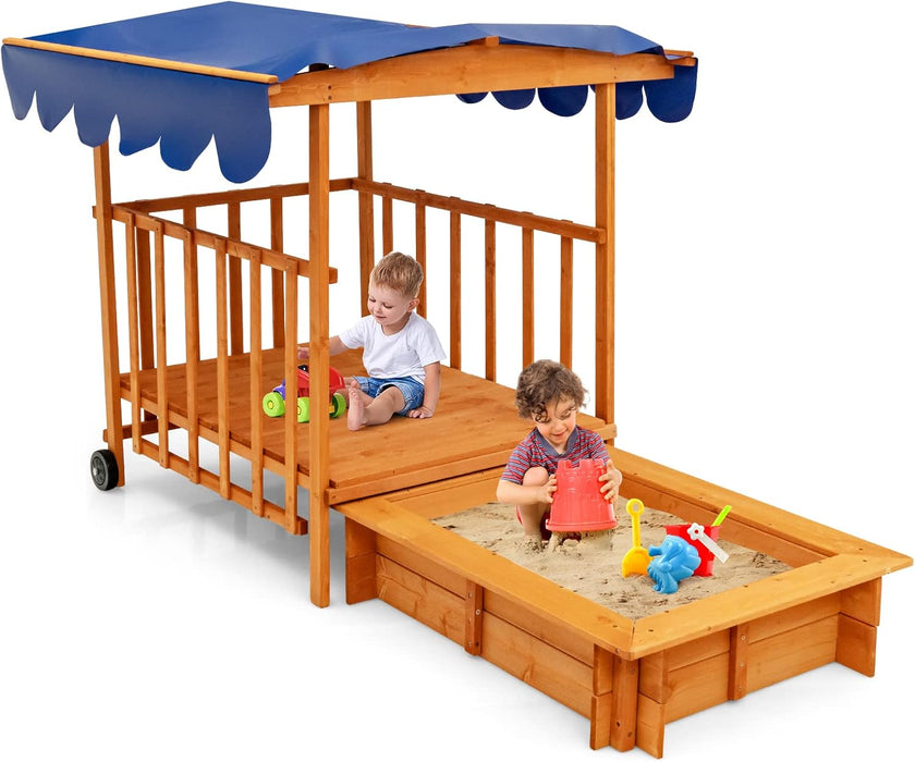 3 in 1 Kids Sandbox with Playhouse and Canopy, Wooden Cedar Bottomless Sand Pit for Backyard W/Wheels, Guardrails & Cover, Portable Sand Boxes for Kids Outdoor with Lid