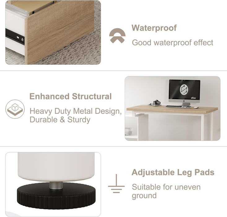 L Shaped Computer Desk, 47 Inch Home Office Desk with File Drawers & Storage Shelves, Small Corner Computer Desk for Small Space (White + Walnut)