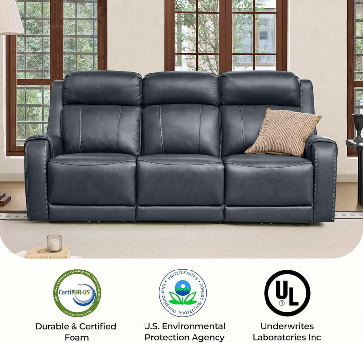 Genuine Leather Power Recliner Sofa, Wall Hugger Reclining Sofa with Power Headrest, Dual Motor, USB Charging Ports, Recliner Couch for Living Room, RV, Leather in Navy