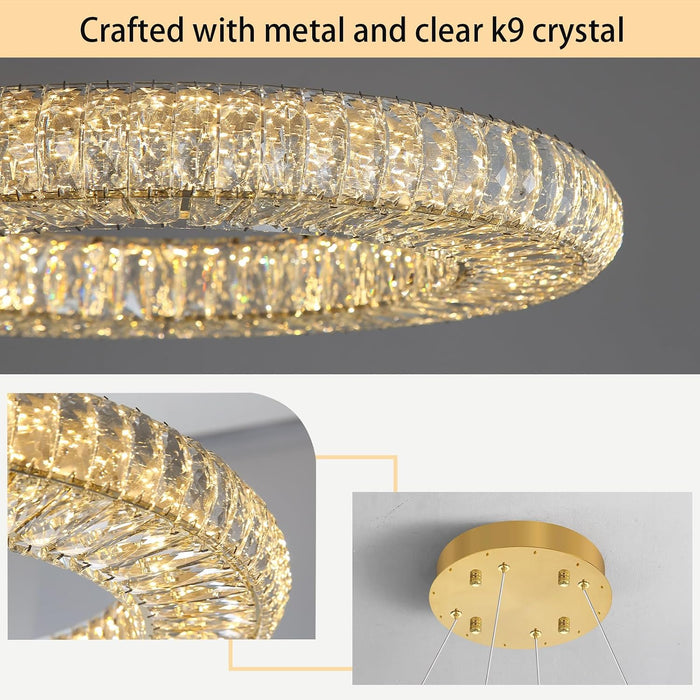 23.6'' Modern LED Ring Pendant Light Dimmable Crystal Chandelier for Dining Room Living Room Bedroom Gold