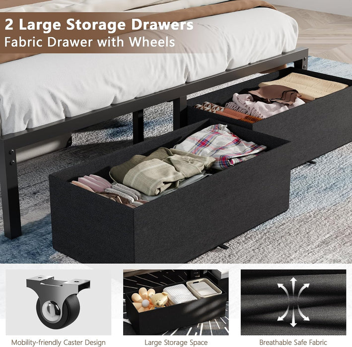 Queen Bed Frame with Storage Drawers and Upholstered Headboard
