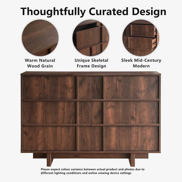 47" Wide 6 Drawer Dresser for Bedroom, Skeleton Line Design