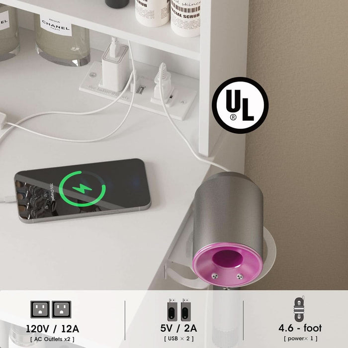 Vanity, Makeup Vanity Desk Set with Mirror & Light, Dressing Table Storage Lots with Power Strip, 3 Lighting Modes with Adjustable Brightness, 37 Inches (White) (White with Stool)