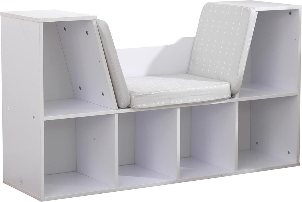 Wooden Bookcase with Reading Nook, Storage and Gray Cushion, White
