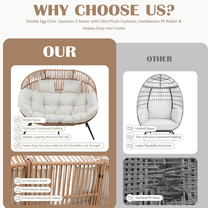 Wicker Double Egg Chair PE Rattan with Thicken Padded Cushion, 2 Person Oversized Patio Lounge Loveseat Chair for Outdoor, Indoor, Balcony, Backyard, Garden, Beige