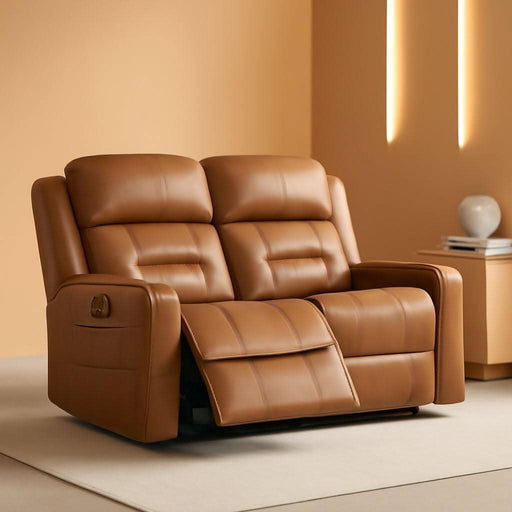 Genuine Leather Power Loveseat Recliner Sofa, Lay Flat Loveseat Reclining Sofa with Power Headrest, Cup Holders, USB & Type-C Ports, Dual Recliners for Living Room, Saddle Brown