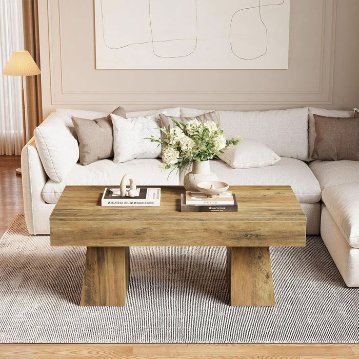 Farmhouse Coffee Table, 47 Inches Wooden Rectangular Accent Center Tables with Thick Base, Modern Low Cocktail Tea Furniture for Living Room (Rustic Brown)