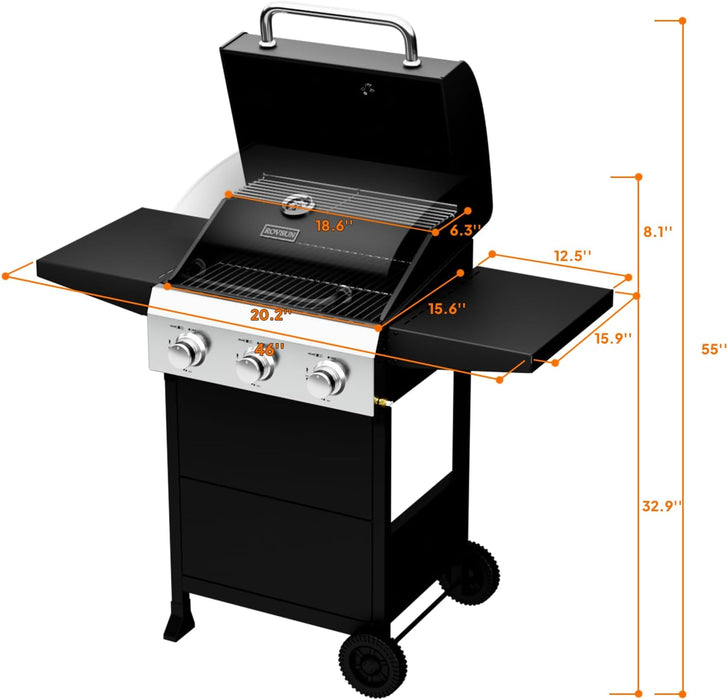 3 Burners Portable Gas Grill with Enameled Cast Iron Grates, Powerful 36,000 BTU Propane Grill with Side Shelf & Bottom Cabinet, Outdoor Grill with Wheels for Patio Backyard Garden BBQ Use