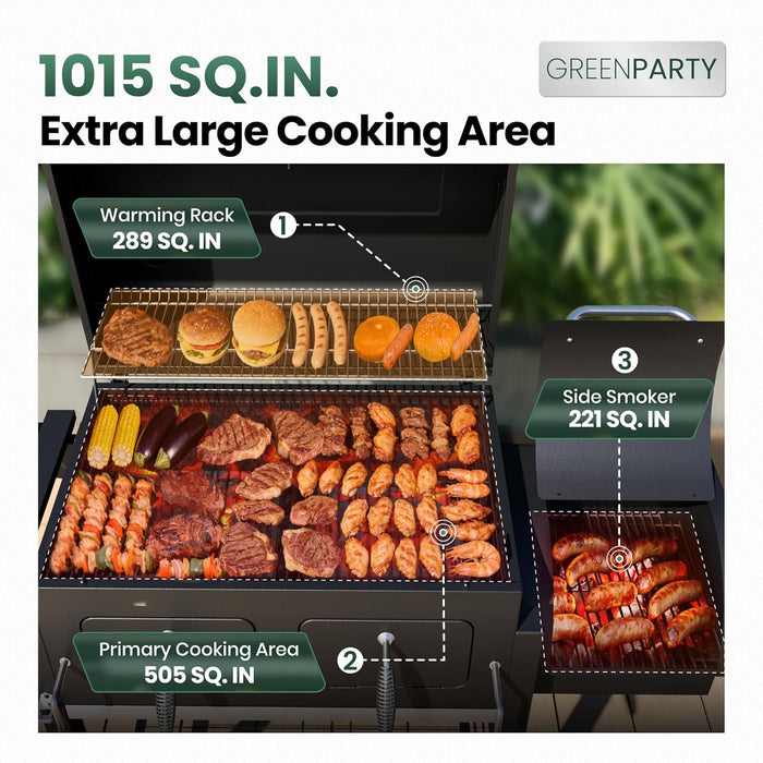 30 Inch Barrel Charcoal Grill and Offset Smoker, 1015 Sq. In. Cooking Area Outdoor BBQ Grill, Perfect for Outdoor Cooking Barbecue Patio Garden Backyard Party