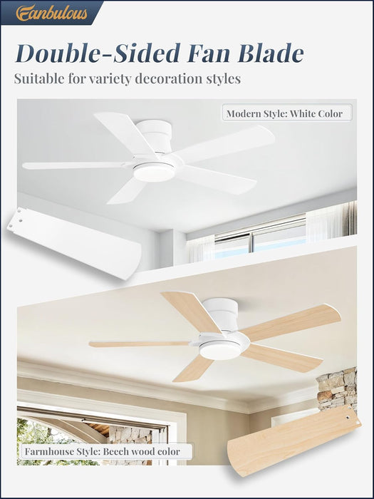 Ceiling Fans with Lights and Remote, 42 Inch Low Profile Flush Mount Ceiling Fan,White Modern Ceiling Fan with LED Light for Bedroom Indoor Outdoor-5 Reversible Blades, 3CCT, 6 Speeds, Timer