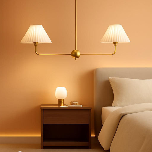 Gold Linear Chandelier, 2-Light Modern Chandelier for Dining Room Light Fixture, Dining Light Fixtures with White Fabric Shade Pendant Lights Kitchen Island for Restaurant, Living Room, Bedroom