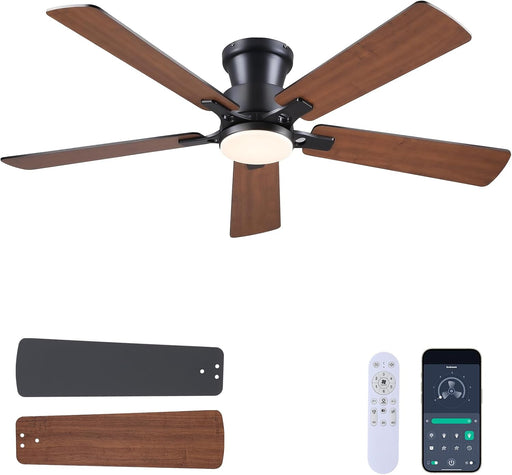 52Inch Ceiling Fan with Lights and Remotes, Modern Smart Flush Mount Ceiling Fans,Dc Reversible Motor, 3CCT Dimmable,Noiseless,Dual Finish, Brown 6 Speeds Ceiling Fan for Indoor/Outdoor