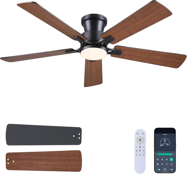 52Inch Ceiling Fan with Lights and Remotes, Modern Smart Flush Mount Ceiling Fans,Dc Reversible Motor, 3CCT Dimmable,Noiseless,Dual Finish, Brown 6 Speeds Ceiling Fan for Indoor/Outdoor
