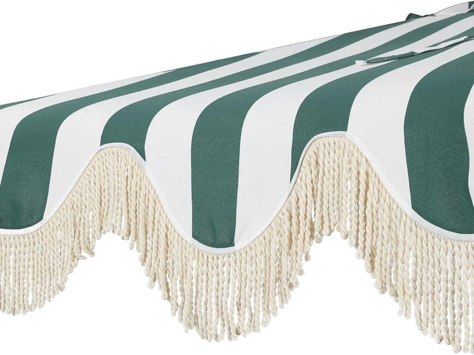 Beverly 9 Ft. Coastal Green and White Striped Half Patio Umbrella with Scalloped Fringe, Crank Lift, and Manual Tilt for Balcony, White Pole UMB1201L