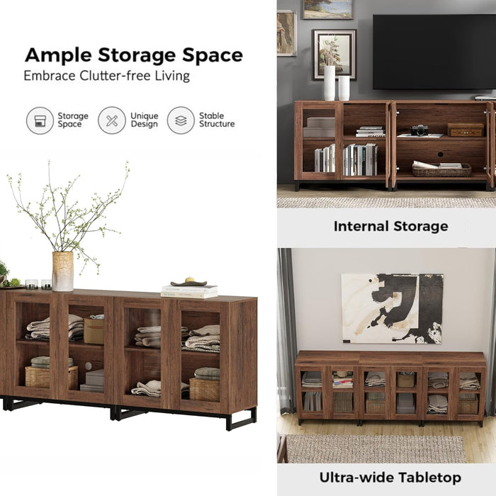Modern TV Stand with Glass Doors for 110 Inch Tvs, Farmhouse Entertainment Center TV Console with Adjustable Shelves for Living Room, Bedroom, Brown