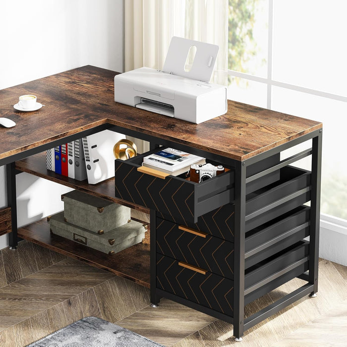 59-Inch L Shaped Desk with Drawers, Large Computer Desk with Storage Shelves, Reversible L-Shaped Corner Desk Workstation for Home Office