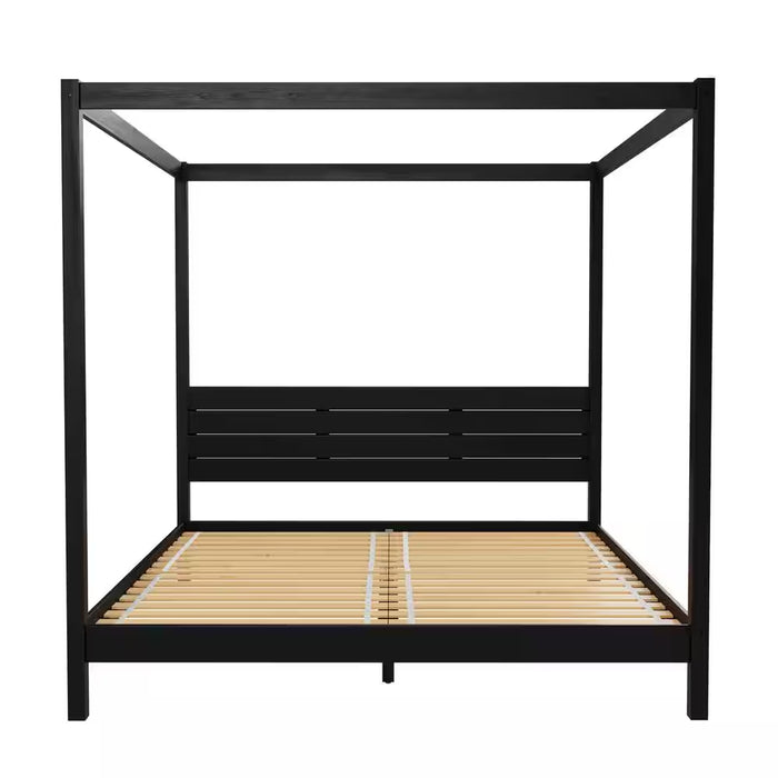 Minimalist Black Wood Frame King Plank Canopy Bed