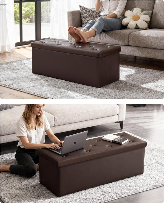 Storage Ottoman Bench, 43 Inches Folding Ottoman with 2 Dividers, PU Leather Foot Rest, End of Bed Bench, Storage Chest for Living Room, Bedroom and Entryway, Brown