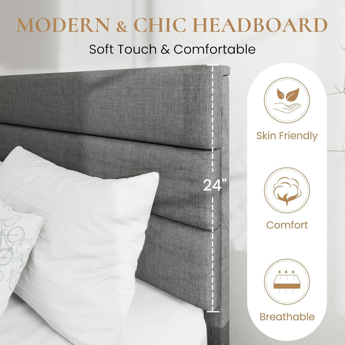 Full Platform Bed Frame with Upholstered Fabric Headboard, Mattress Foundation with Strong Wooden Slats Support, No Box Spring Needed, Grey