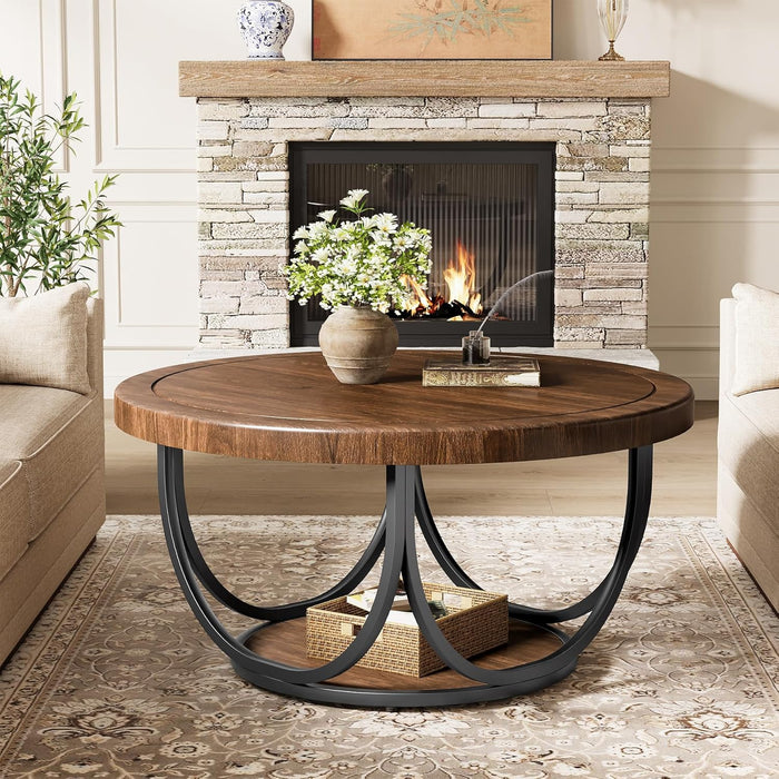 round Coffee Table with 2 Tiers, 33.5" Wooden Circle Accent Cocktail Table with Storage Shelf and Metal Frame, Industrial Center Tables for Living Room, Brown & Black