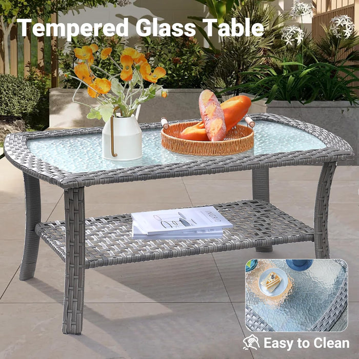 4 Pieces Patio Furniture Set, Outdoor Wicker Sofa with Coffee Table, Chairs, All Weather High Back Rattan Loveseat Couch with Comfy Cushions, Denim Blue