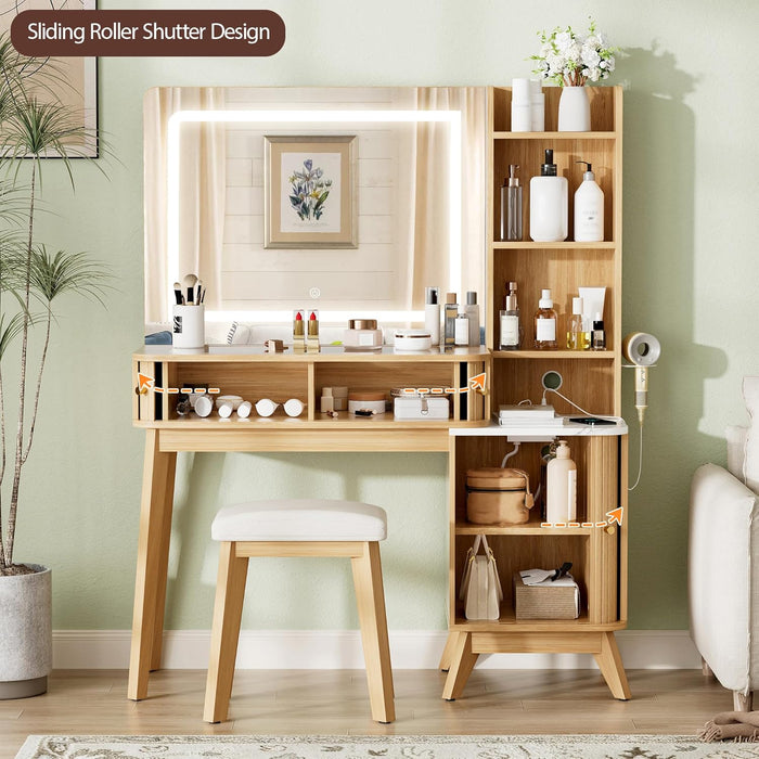 Fluted Makeup Vanity Desk with Large Lighted Mirror, Glass Top Vanity Table with 2 Drawers & Sliding Cabinet, Dressing Table with Stool and Charging Station for Bedroom, Natural Oak