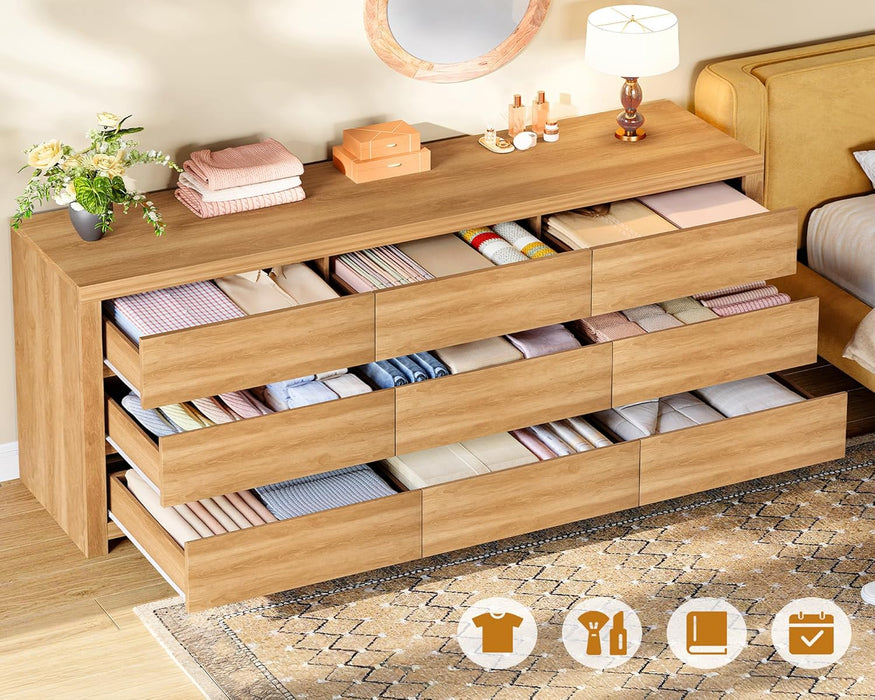 63" Dresser for Bedroom with 9 Drawers, Modern Dressers & Chests of Drawers with Metal Handles, Wooden Dresser TV Stand, Bedroom Dressers, for Bedroom, Hallway, Natural