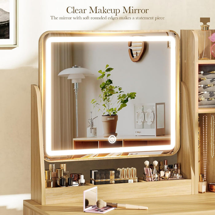 Fluted Vanity Desk with Mirror and Lights, Small Makeup Vanity with 2 Drawers and Jewelry Storage Cabinet, 3 Lighting Modes Adjustable Brightness, Dressing Table for Bedroom - Natural Oak