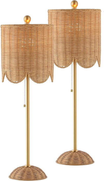 27.5" Brass Gold Coastal Buffet Table Lamp Set of 2 for Bedroom, Boho Table Lamps with Natural Rattan Scalloped Shade, Pull Chain, LED Bulbs Included JYL1138A-SET2