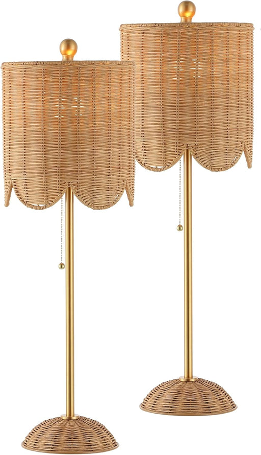 27.5" Brass Gold Coastal Buffet Table Lamp Set of 2 for Bedroom, Boho Table Lamps with Natural Rattan Scalloped Shade, Pull Chain, LED Bulbs Included JYL1138A-SET2