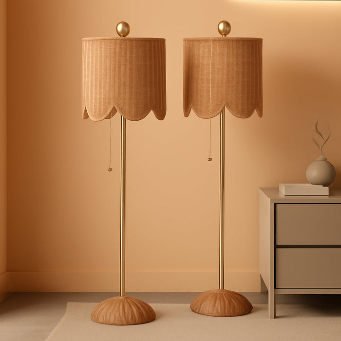 27.5" Brass Gold Coastal Buffet Table Lamp Set of 2 for Bedroom, Boho Table Lamps with Natural Rattan Scalloped Shade, Pull Chain, LED Bulbs Included JYL1138A-SET2