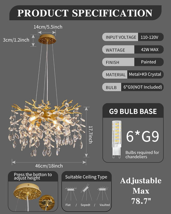 Modern Tree Branch Crystal Chandelier Luxury Gold Crystal Pendant Lighting 18" Contemporary 6-Light Chandeliers for Dining Room Kitchen Bedroom Living Room