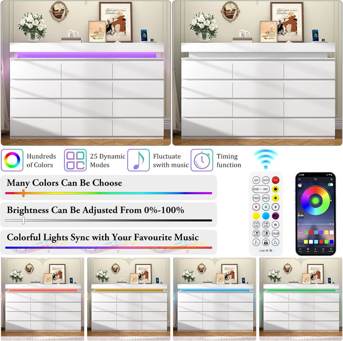 12 Drawer Dresser for Bedroom, 70" Wide 44" Tall Dresser with LED Light & Charging Station, Modern Chest of Drawers for Closet, Living Room, Entryway, Hallway (White, 12 Drawers)